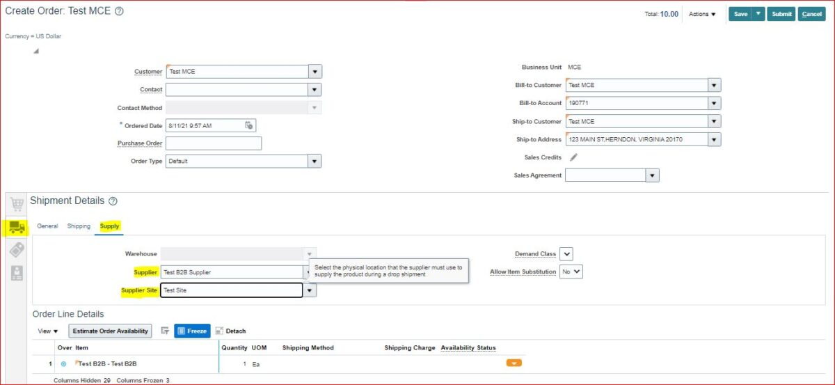 Navigate to the supply tab and select the supplier and site